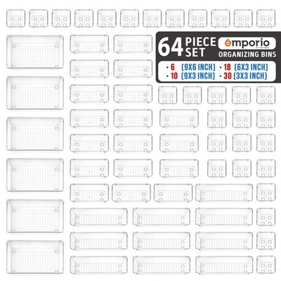 Emporio Drawer Organizer Set 64PC Stackable Storage Trays Kitchen Makeup Office