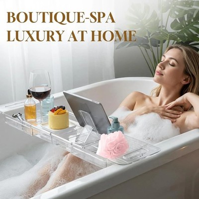 Expandable Drain Bath Caddy Tray for Tub Foldable Bath Table Trays Storage Rack