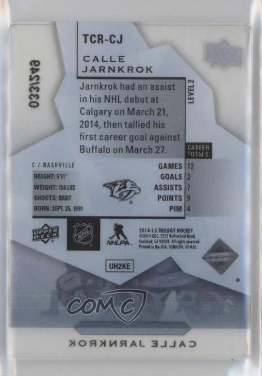 2014-15 Upper Deck Trilogy Crystal Rookies Tier 2 /249 Calle Jarnkrok #TCR-CJ RC - Image 2 of 2