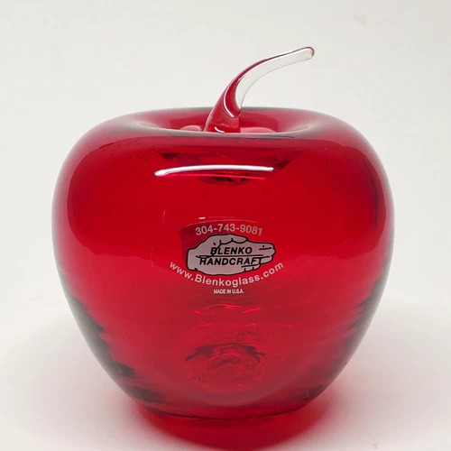 Blenko 882 Ruby Red Handcrafted Glass Apple 4.5 in Height Made In USA