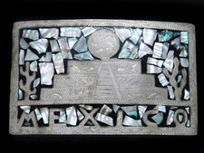 TD15131 VINTAGE 1970s  MAYAN TEMPLE  SOUTHWESTERN DESIGN ART BELT BUCKLE