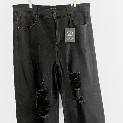 Wild Oak Boutique Risen Jeans Women's Black Distressed Wide Leg Raw Hem Size 3XL