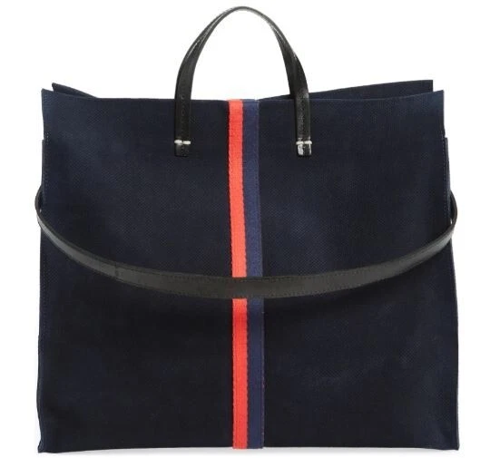 CLARE V. SIMPLE PERFORATED TOTE NAVY SUEDE RED STRIPE BLACK LEATHER BNIP  $550