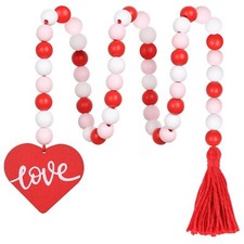 Valentine's Day Wood Beaded Garland with Tassel, Valentines Day Decor Farmhou...