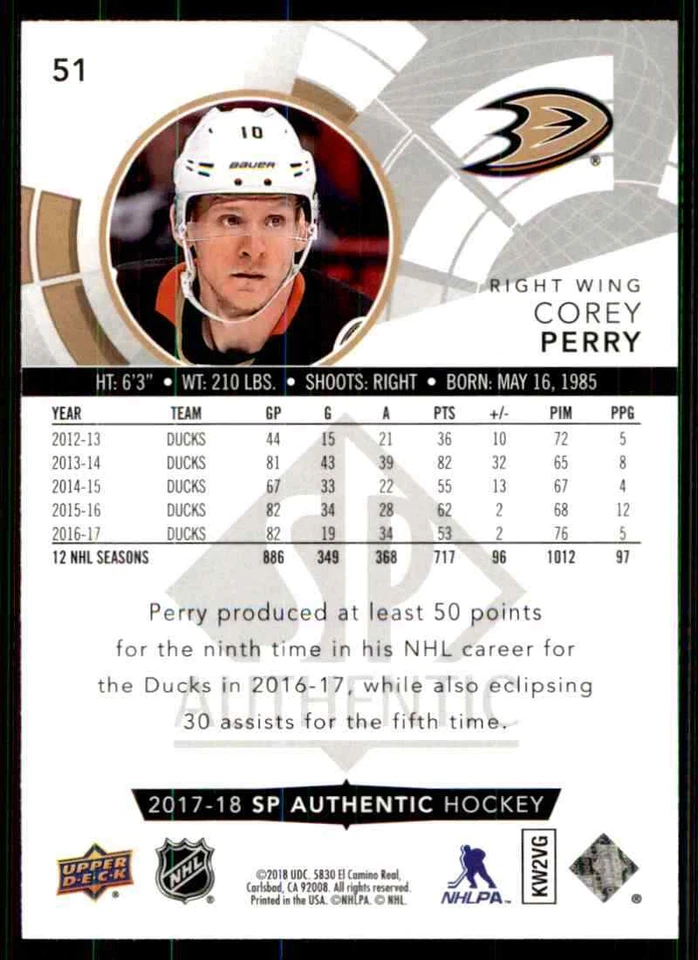 2017-18 Upper Deck SP Authentic Corey Perry #51 - Image 2 of 2