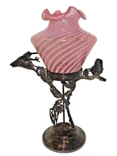 Antique Meriden Silver Plate Figural Bird & Stag Cranberry Opalescent Swirl Vase