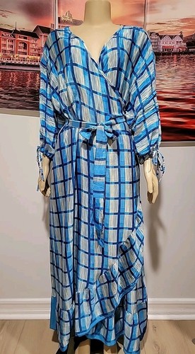 Darn Good The Zaria Wrap Silk Blend Dress Blue Adjustable (14-32) Womens NWT #X - Picture 2 of 13