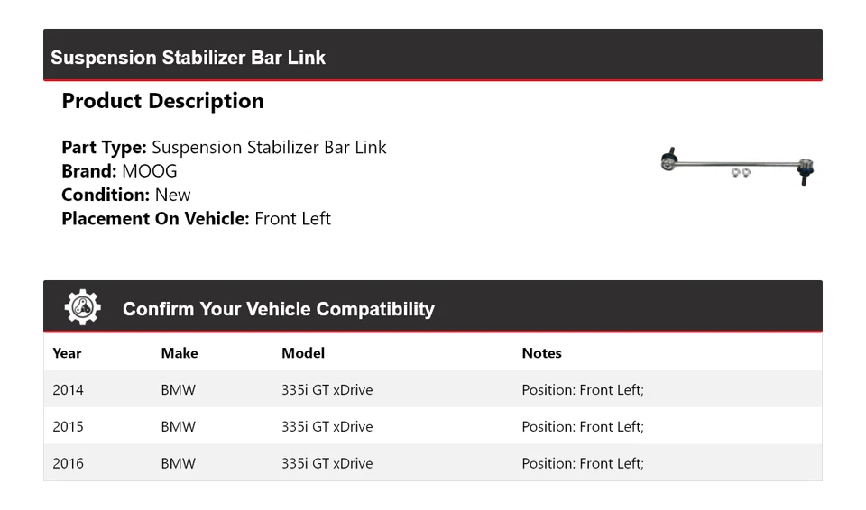 Barra estabilizadora de suspensión delantera izquierda MOOG para BMW 335i GT 2014-2016 xDrive Foto 2 de 4