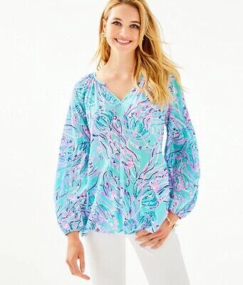 NEW Lilly Pulitzer WINSLEY TOP Bayside Blue Under The Moon Pink Blouse S |  eBay