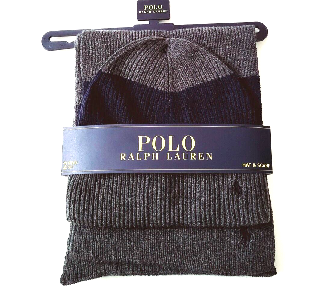 Polo Ralph Lauren Uomo Cappello e Sciarpa Set 2pz Logo Pony Grigio ~ Navy