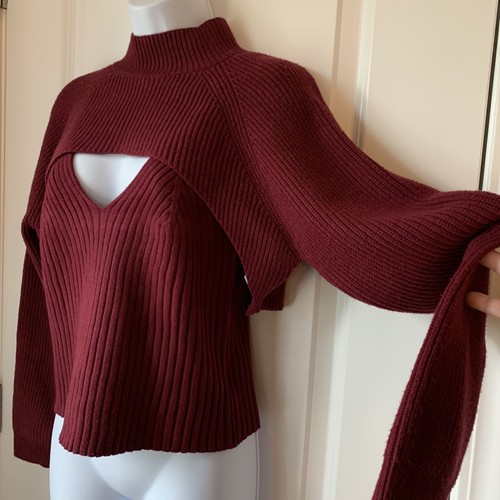 Set 2 Anthropologie Turtleneck Cut-out Shrug Tank Burgundy Womens Size L - 第 2/12 張圖片