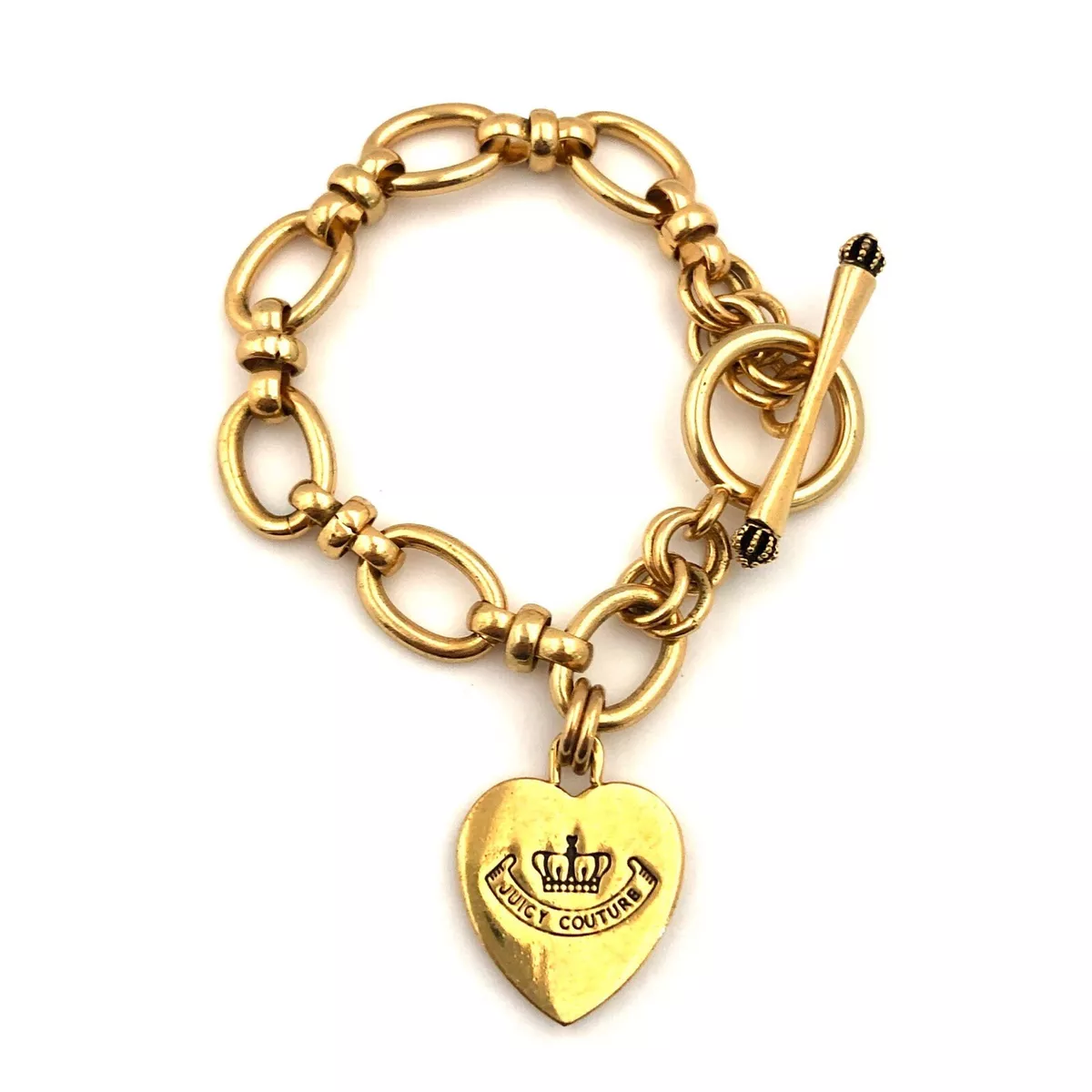 Buy the Designer Juicy Couture Gold-Tone Toggle Heart Charm Chain Bracelet  With Box