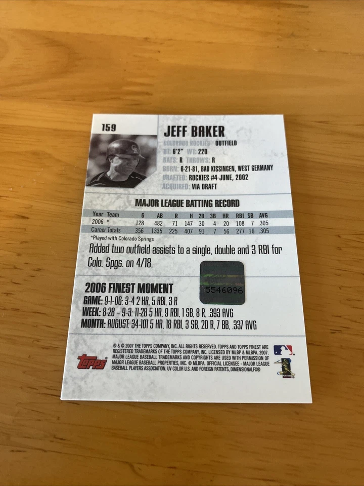 2007 Topps Finest AUTO #159 Джефф Бейкер RC - Colorado Rockies - Изображение 2 из 2