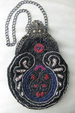 Antique Victorian Silver Filigree Frame Black Red White Multi Colored Bead Purse