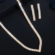 Gold Plated CZ V Shaped Engagement Necklace Earrings Luxury Fashion Jewelry Set 