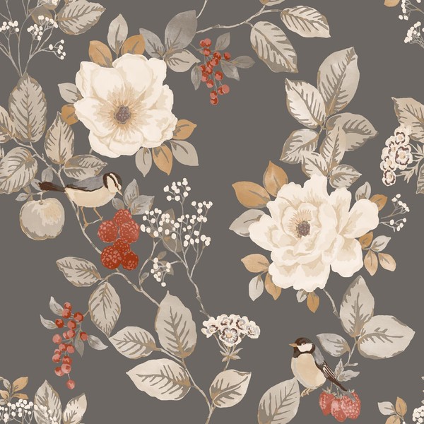 Belgravia 2303 Blumen Vintage Tapete Natur VöGel BläTter Charcoal Grau Waschbar-image