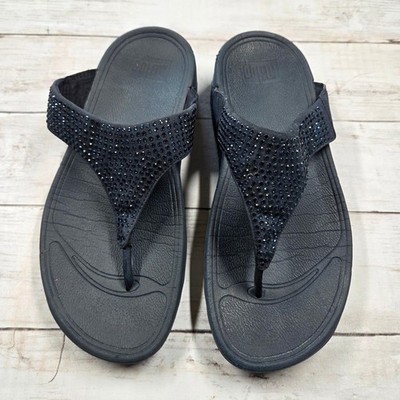 FitFlop Sandals Womens 7 Navy Blue Rokkit Crystal Suede Microwobbleboard Thong