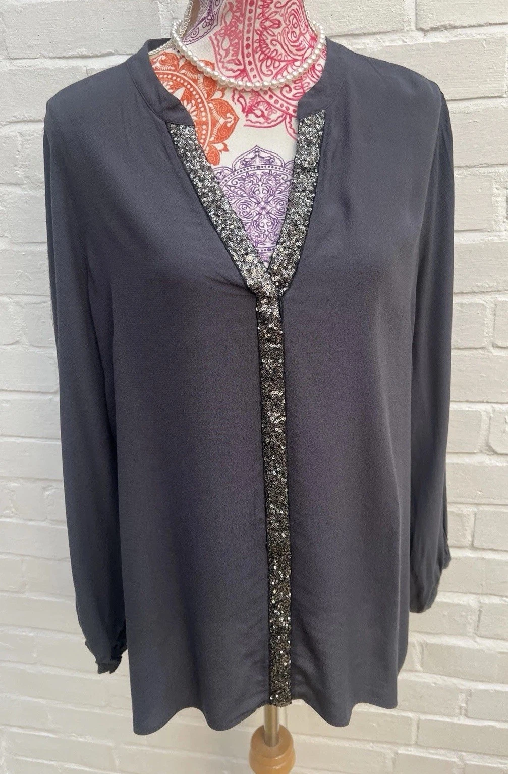 Mint Velvet Blouse Top Shirt UK 16 Dark Grey/Silver Long Sleeve Floaty Party