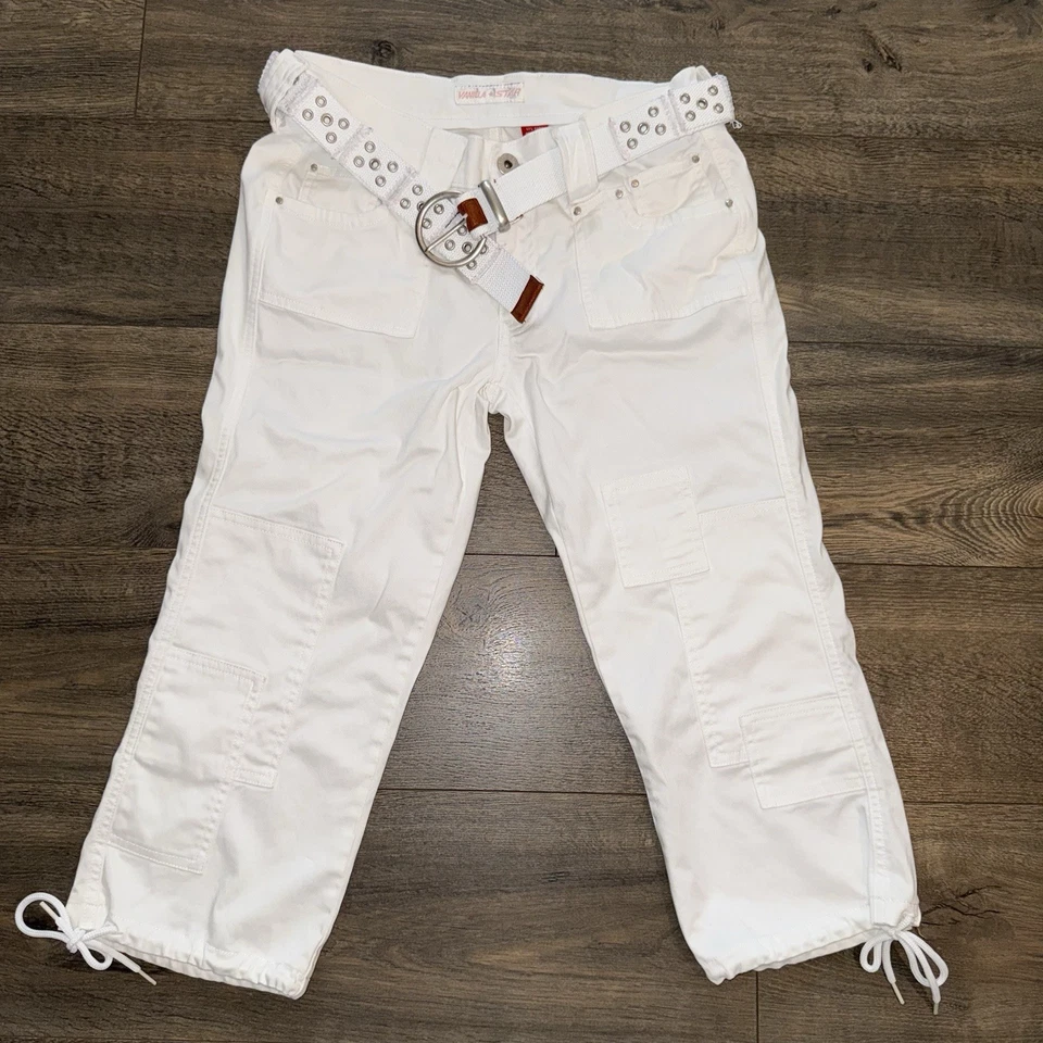 Pantalones Vanilla Star para mujer M blancos cargo capri encaje tachonado cinturón tiro bajo Y2K Foto 2 de 4