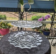 Vtg Fostoria American MCM 2 Tier Chrome Handled Tidbit Tray Glass Server #2056