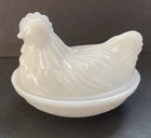 Vintage White Milk HAZEL ATLAS Glass Hen On Nest Small Basket Dish