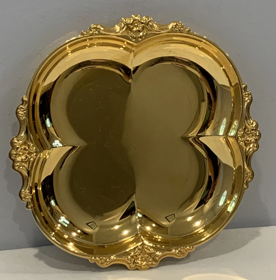 VTG International Silver Comp 24Kt Gold Electroplate Clover Shape Dish w/Sticker - Image 3 of 4