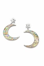 Iridescent Abalone Moon Star Dangle Earrings Silver Celestial Statement
