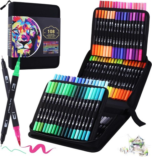 LENTPER Dual Brush Marker Pens, 108 Colors Fine & Brush Tip for Adults and