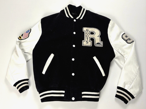 Vintage Roots USA Leather and Wool Sz M Varsity Letterman Jacket Black White 97