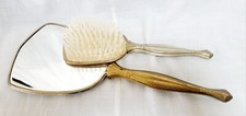 Vintage Art Nouveau Vanity Brush Mirror Set Gold / Floral Embossed Art Deco