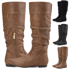 Rollda SUEDI Women's Slouchy Knee High Boots Card Pocket Flat Boots Riding Boots