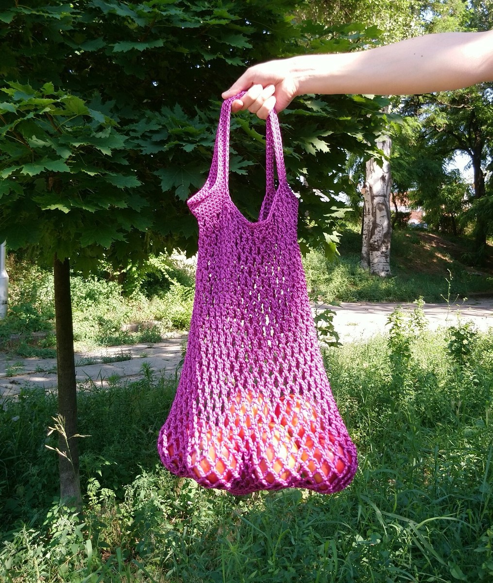 French market tote Purple crochet mesh bag Vegetable grocery bag