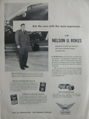 10/1953 PUB GULF AVIATION PRODUCTS DC-3 PROCTER & GAMBLE CHIEF PILOT ROKES AD