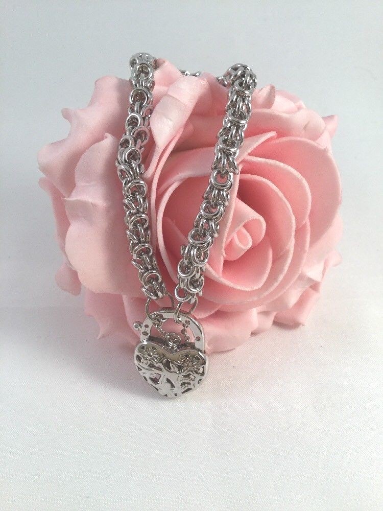 Vintage Jewellery White Gold Chain Bracelet Heart Padlock Antique Deco