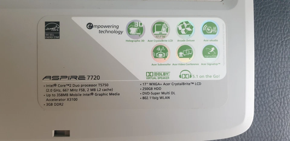 - ACER Aspire 7720 / Intel Core 2 Duo T5750 / 4GB Ram / HDD 250Go / Windows 10 - Photo 4/4
