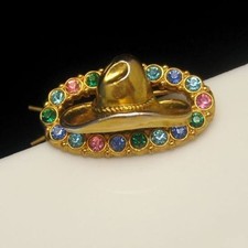 Vintage Hair Barrette Mid Century Cowgirl Cowboy Hat Colored Rhinestones