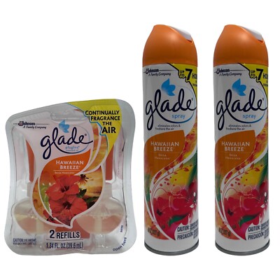 Glade Hawaiian Breeze Fragrance (2) Room Spray 8 oz & (2) PlugIns Oil Refills