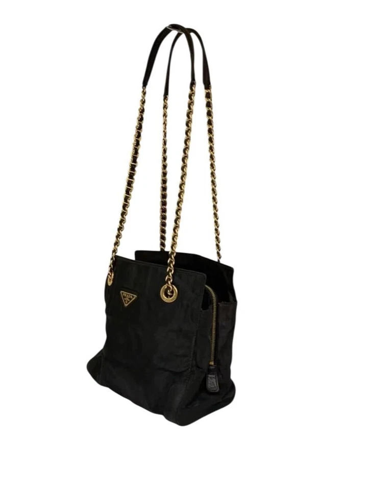 Borsa a tracolla Prada Tesuto in nylon con catena nera vintage autentica - Immagine 2 di 4
