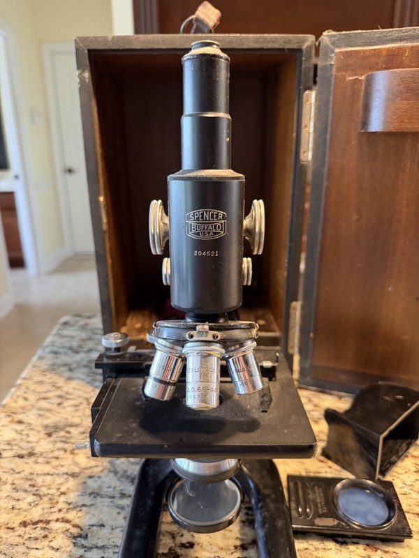 Vintage AO American Optical Spencer Microscope W/ Solid Wood Case & Accessories