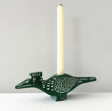 Vintage POTTERY BARN Primitive Green Bird Candlestick Holder Folk Art Roadrunner