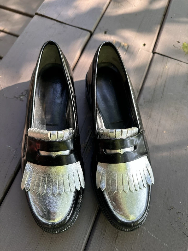Robert Clergerie Leather Loafers Silver & Black Round Toe - Image 2 of 4
