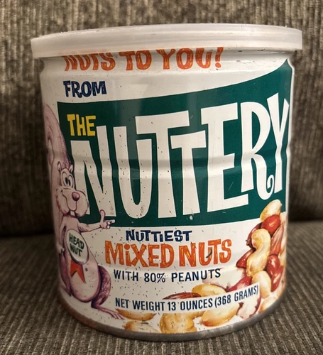 Vintage The Nuttery Mixed Nuts Tin Can 13 oz Milwaukee WI w/ Lid c1960s-70s RARE