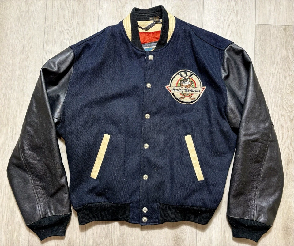 复古 90 年代 Harley Davidson 塔斯马尼亚魔鬼皮革羊毛摩托车夹克男式 XL — 第 2/4 张图片