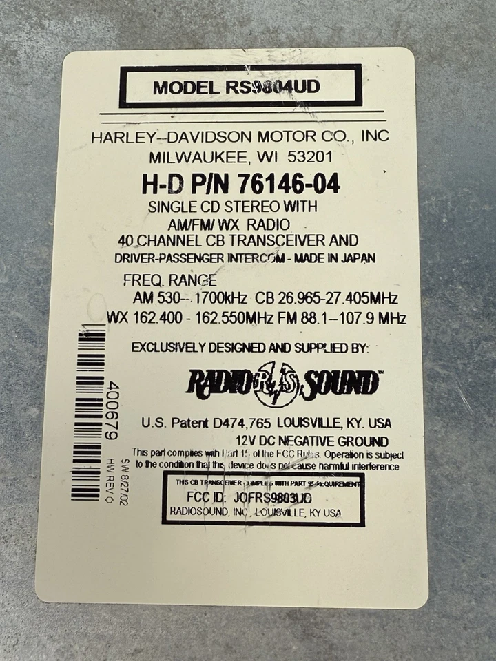 Harley-Davidson Touring Radio RS9804UD 2004-2006 no probada CB CD 76146-04 Foto 2 de 4