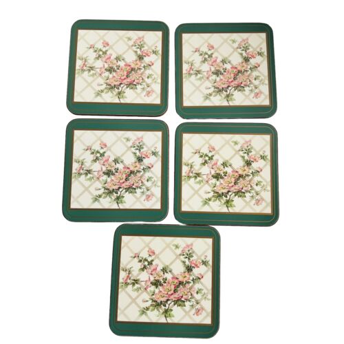 Vintage Pimpernel Set Of 5 Floral Pink Green Cork Coasters Made In England - Picture 1 of 8