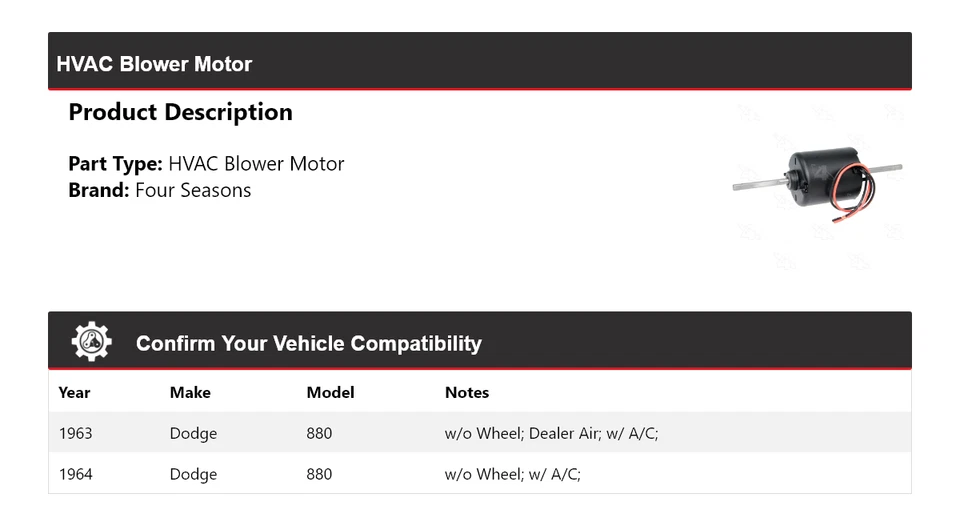 适用于 1963 - 1964 道奇 880 HVAC 吹风机电机 4 季 — 第 2/4 张图片