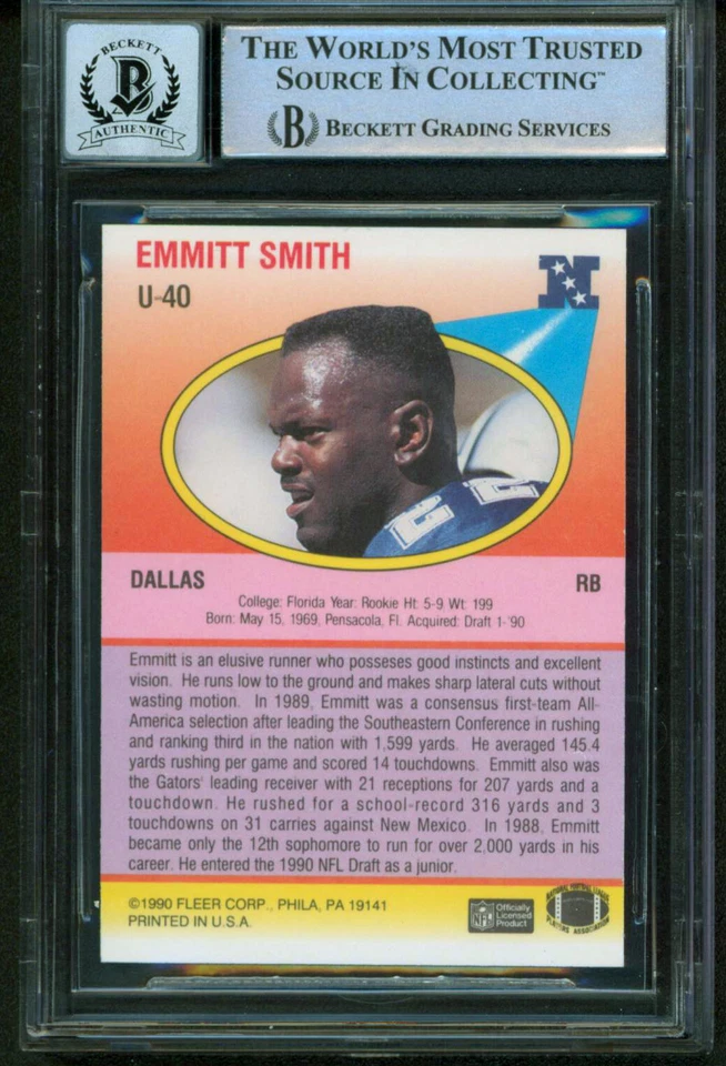 Cowboys Emmitt Smith Signed 1990 Fleer Update #U40 Rookie Card Auto 10! BAS Slab - Image 2 of 2