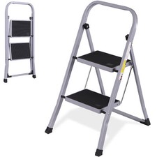 2 Step Ladder Folding Step Stool w/ Anti-slip Wide Pedal Steel Ladder 330lb Grey
