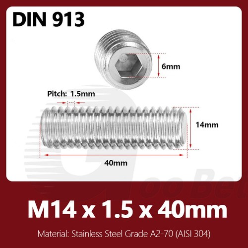 Grub Screw Flat Point Allen Socket Set Screw M14 M16 Fine Thread Stainless Steel - Picture 17 of 27