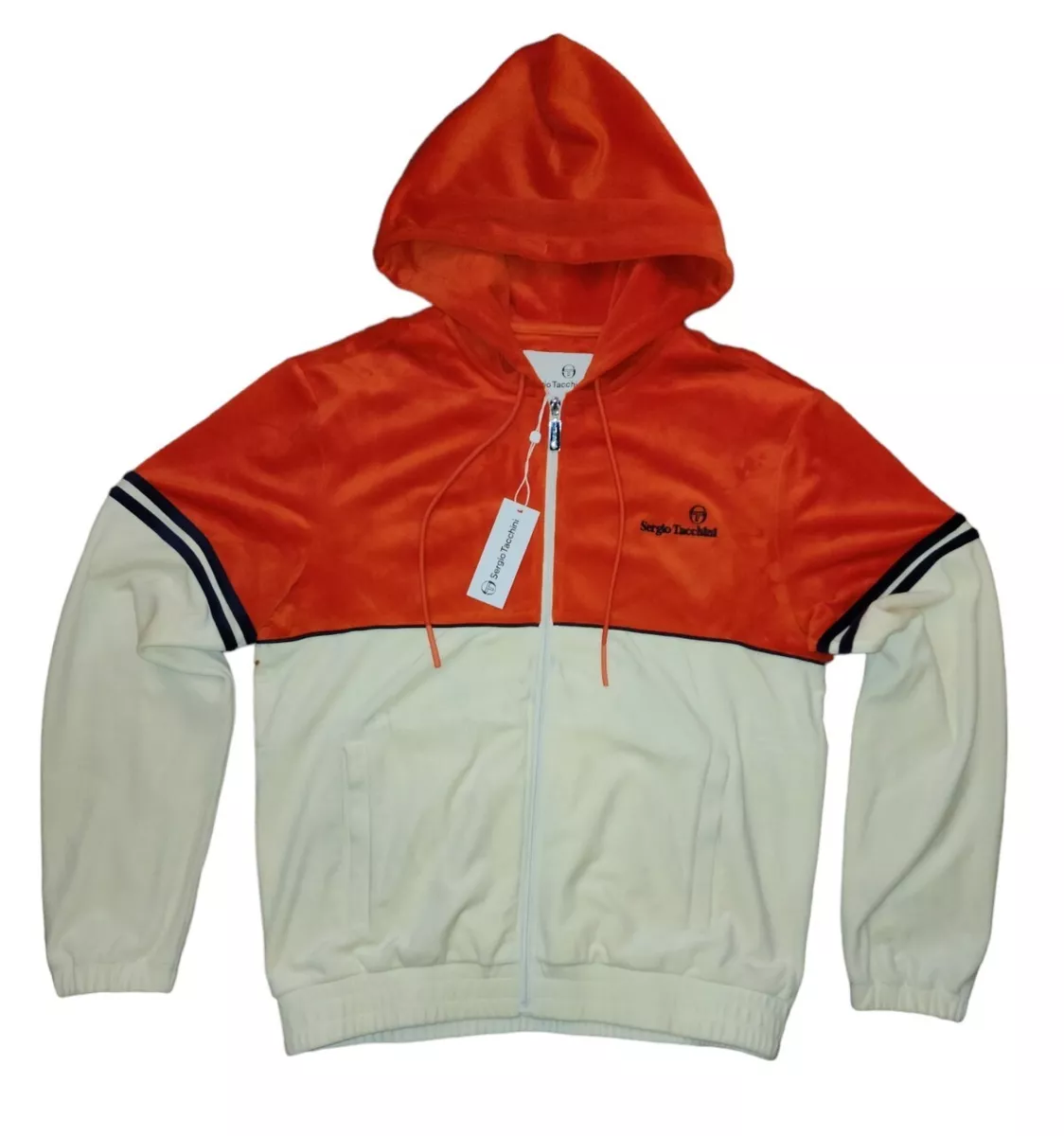 Sergio Tacchini Scopeto Velour Hoodie Mens M ORANGE white Stripe Jacket  Track